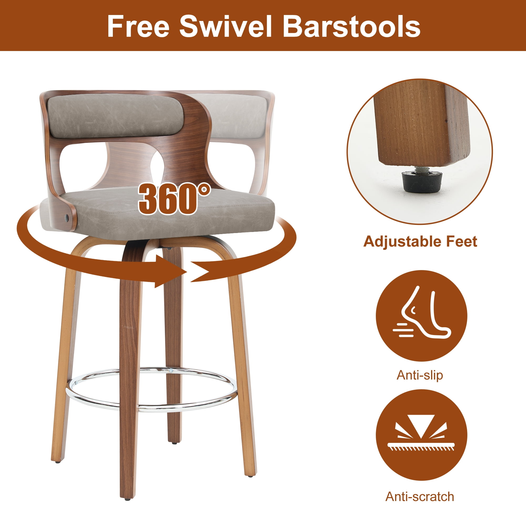 ClinQ 26 inch Swivel Bar Stools Set of 2, Counter Height Bar Chairs with Walnut Legs and Silver Ring Footrest, Upholstered Faux Leather, Gray