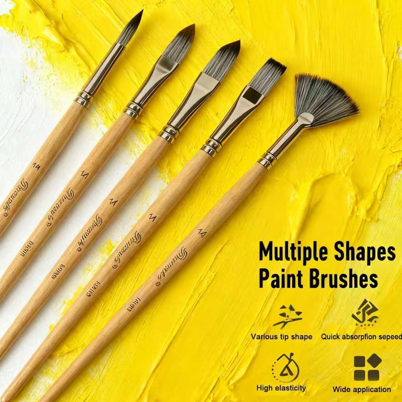 JJEAN-Acrylic Paint Brush Set, 25pcs Professional Artist Series (Wood Color) with Wide Flat, Filbert, Fan, Dagger, Cat Tongue, Round, Angle, Rigger for Oil/Acrylic Painting, Premium Packaging