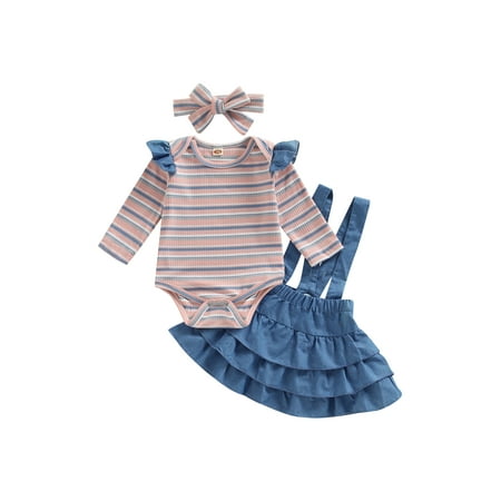 

Bagilaanoe 3Pcs Newborn Baby Girls Overalls Dress Set Striped Long Sleeve Romper Tops + Ruffles Suspender Skirt + Headband 6M 12M 18M 24M Infant Casual Outfits