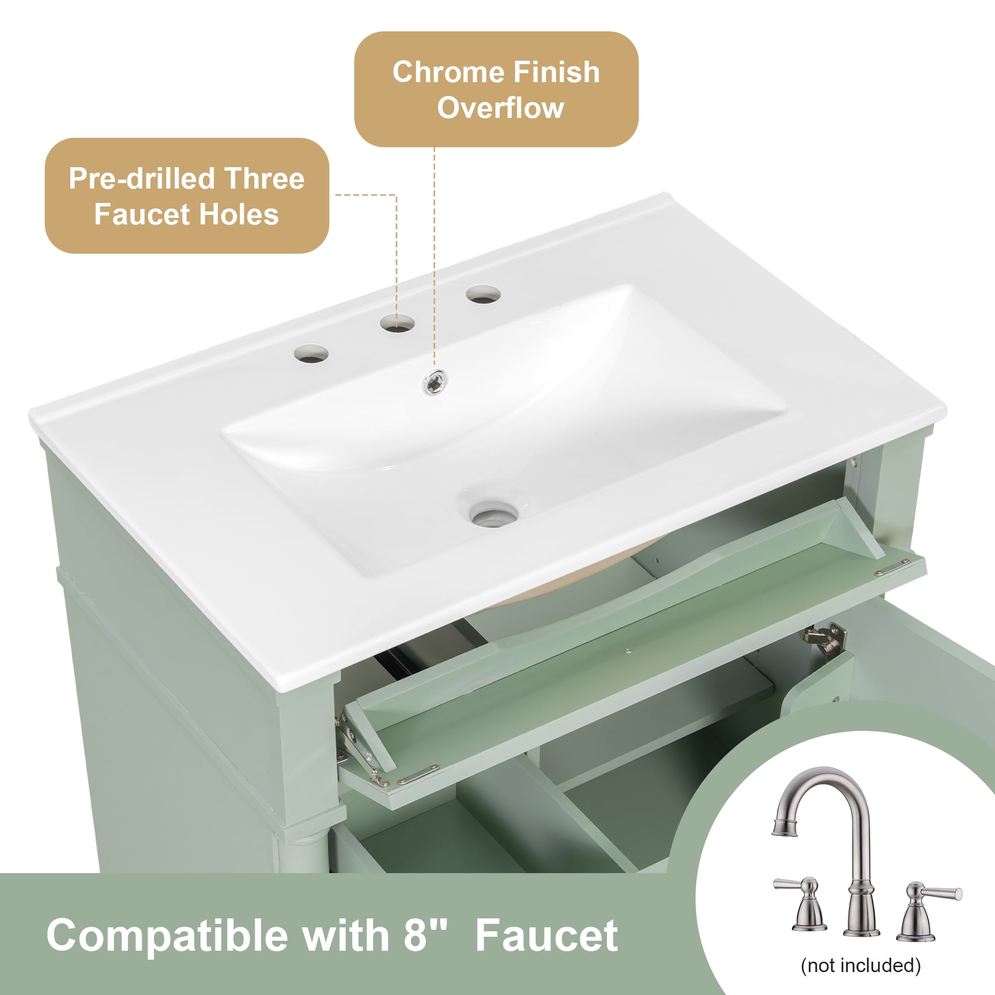 Euroco 30" Bathroom Vanity with Sink, Green Freestanding Bathroom Cabinet with Flip Drawer & Adjustable Shelf, Solid Rubberwood Frame, MDF Panels & Metal Handles