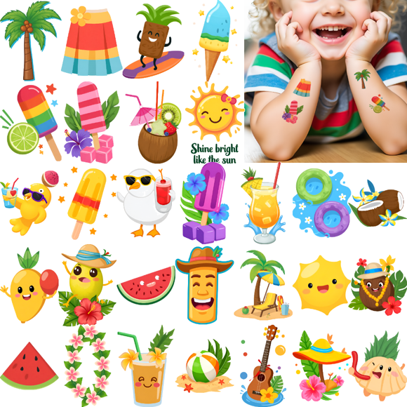 54 Temporary Tattoos Waterproof Long Lasting Body Stickers Hawaiian Beach Coconut Tree Ice Cream Swim Ring Kids Boys Girls Tattoo Stickers Arm Arm Forearm Shoulder Cheek