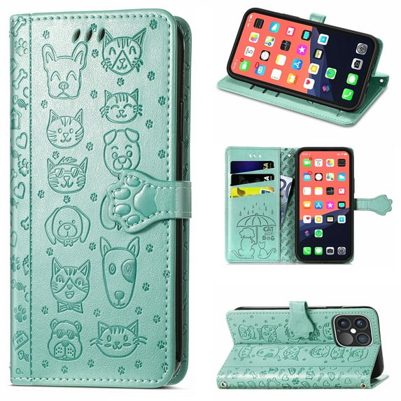 Cartoon Case for iPhone 13 Pro Max(2021), Allytech Embossed Animal PU Leather Impact Resistant TPU Back Card Slots Magnetic Closure Hand Strap Stand Cover for iPhone 13 Pro Max 6.7" 2021, Green