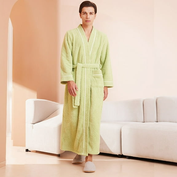Fleece Bath Robes for Men Long Sleeve Open Front Bathrobes with Pockets and Belt Mens Casual Solid Color Warm Ankle Length Loungewear Shower Robe