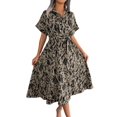 thumbnail image 3 of Women'S Summer Short Sleeve Work Dresses Tie Waist Button Down Print Midi A-Line Shirt Dress Dark Khaki M, 3 of 10