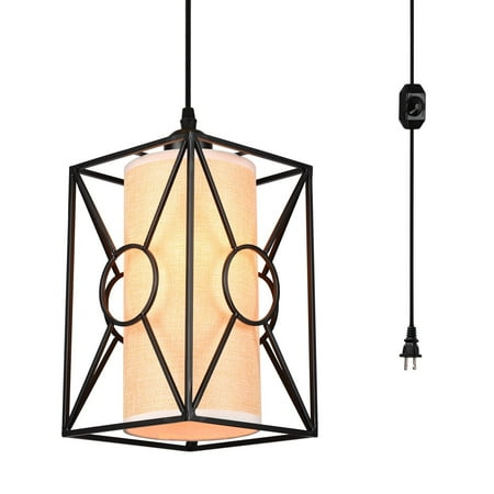 Bulb Foyer Fixture - HMVPL Plug in Pendant Lighting Fixtures with Long Hanging Cord and Dimmer Switch, Industrial Metal Linen Hanging Chandelier Vintage Ceiling Lamp for Kitchen Island Dining Table Bed-Room Foyer Hallway