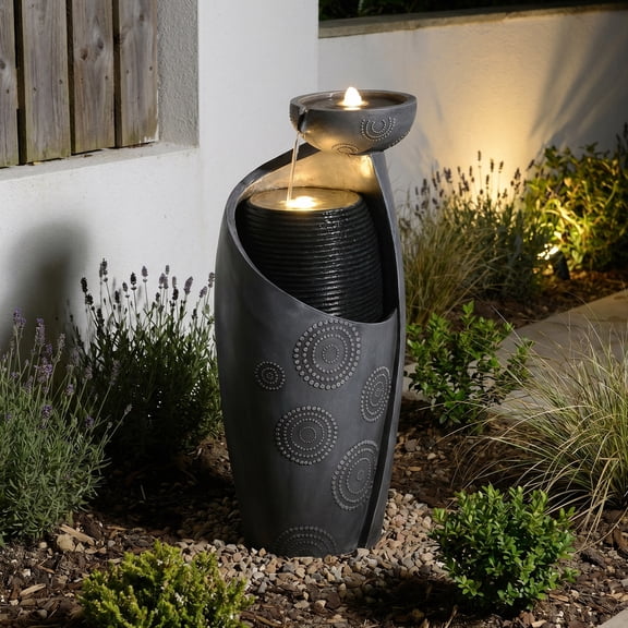 Outdoor Water Fountain Feature Indoor Garden Large Jar Floor Standing Fountains Waterfall with LED Light & Pump for Home Decor Office Yard Patio Deck Porch, 32 inches,Gray