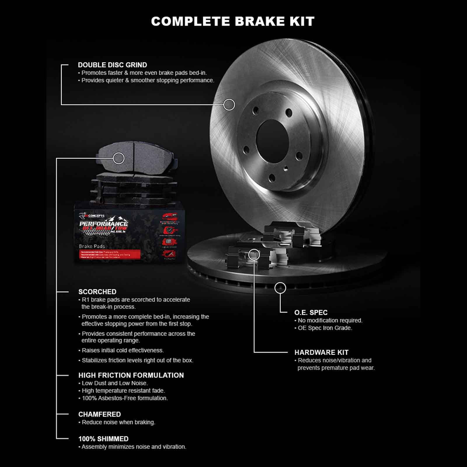 R1 Concepts Front Brakes and Rotors Kit |Front Brake Pads| Brake Rotors and Pads| Performance Off-Road Brake Pads and Rotors | Hardware Kit WFVH1-54125