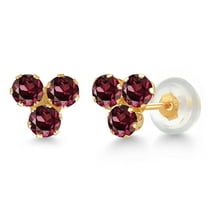 Gem Stone King 14K Yellow Gold Red Rhodolite Garnet Trio Three Stone Stud Earrings for Women (0.72 Cttw, Gemstone January Birthstone, Round 3MM)