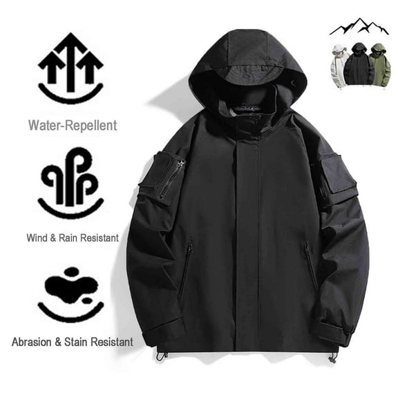 Levmjia Men's Military Green Hooded Windbreaker Detachable Hood Water-Resistant Jacket Multi-Pocket Outdoor Hiking Coat Lightweight Raincoat Adjustable Drawstring Casual Wear M-4XL
