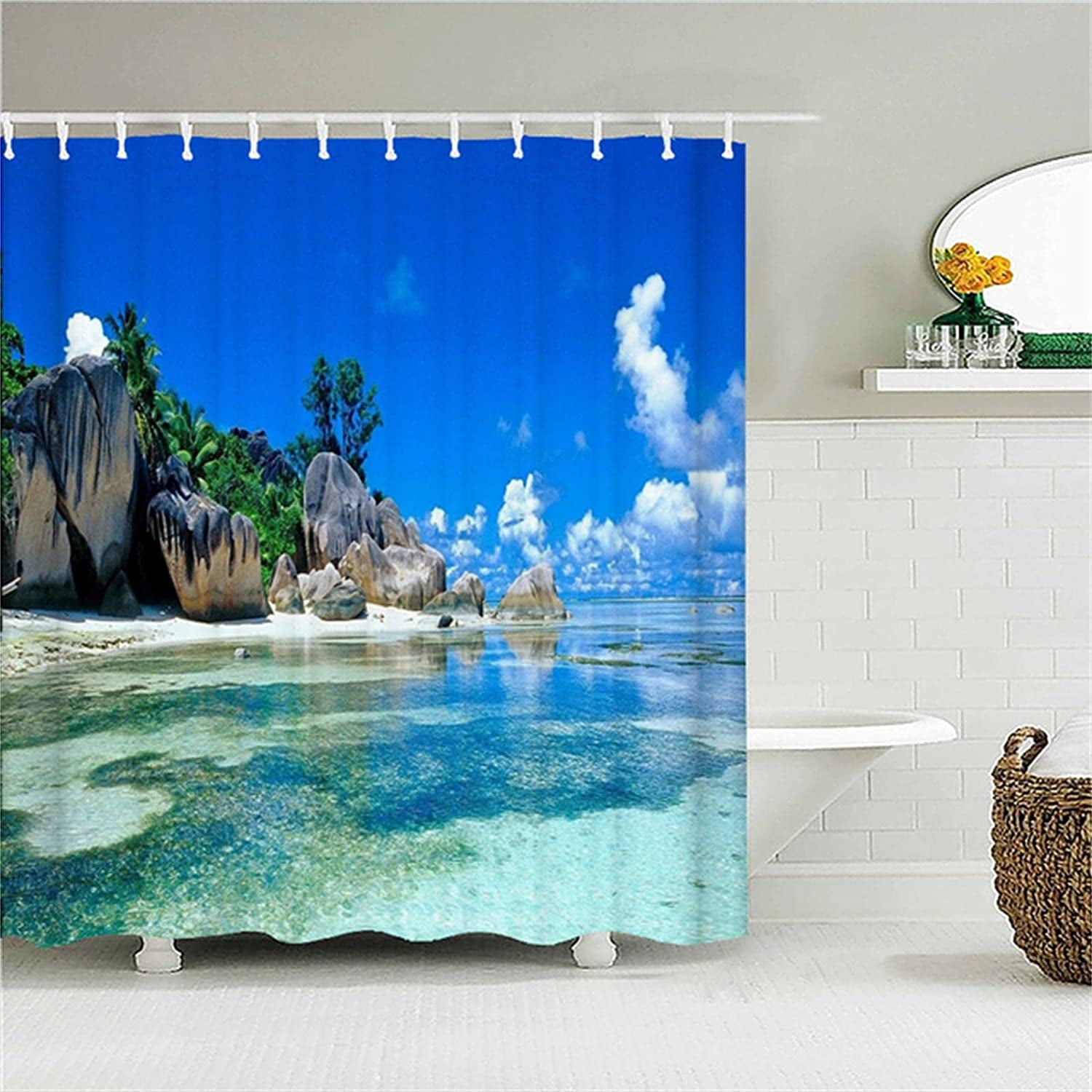 SPXUBZ Beach Scenery Shower Curtain,Fabric Showers Curtain, 12 Hooks