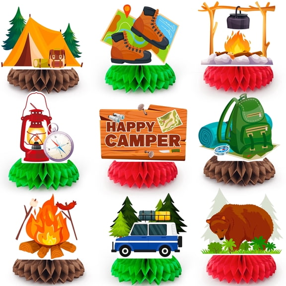 Camping Honeycomb Centerpiece, 9pcs Camper Table Centerpieces/Happy Camper Honeycomb Centerpieces/Camping Birthday Party Decorations for Table, Camping Party Decorations for Table