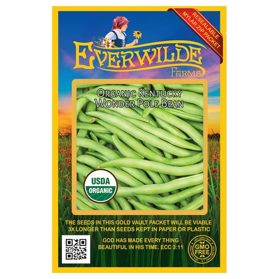 Everwilde Farms - 50 Organic Kentucky Wonder Pole Bean Seeds - Gold Vault Jumbo Bulk Seed Packet
