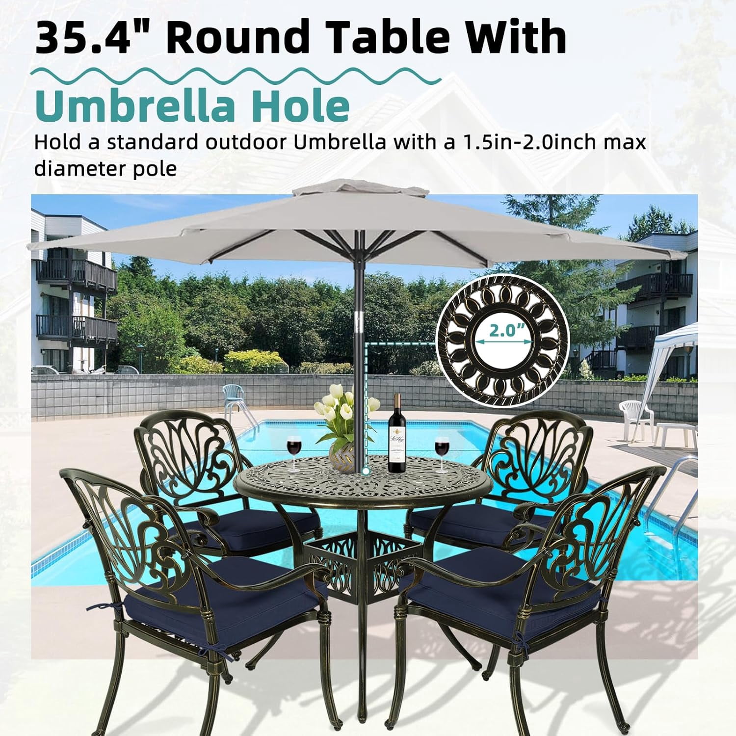 MEETWARM 5 Piece Outdoor Furniture Patio Dining Set, All-Weather Cast Aluminum Patio Table and Chairs Set- 4 Cushioned Chairs, 1 Round Dining Table with Umbrella Hole for Backyard, Navy Blue