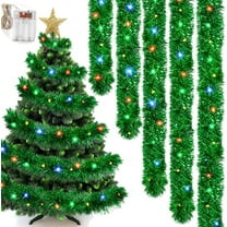 QZS Christmas Garland Pre-lit Tinsel 16 Ft, Green Metallic Garlands with Colorful LED Lights for Christmas Tree Wreath, New Year Party Home Railing, Holiday Indoor Outdoor Decorations