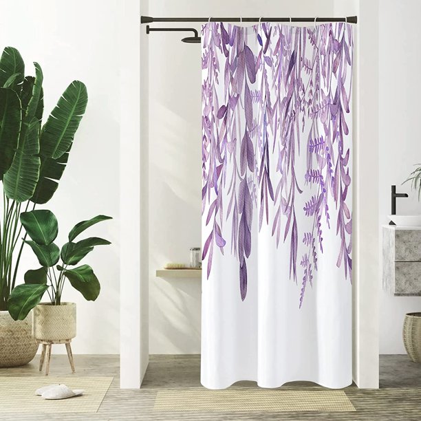 Small Stall Shower Curtain 36 x 72, Narrow Half Purple Shower Curtain, Spring Eucalyptus Plant