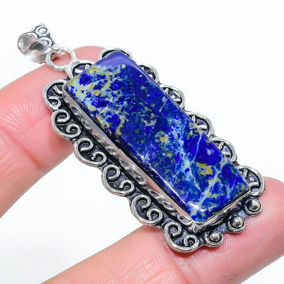 Natural Lapis Lazuli Gemstone Handmade 925 Sterling Silver Pendant 2.36"