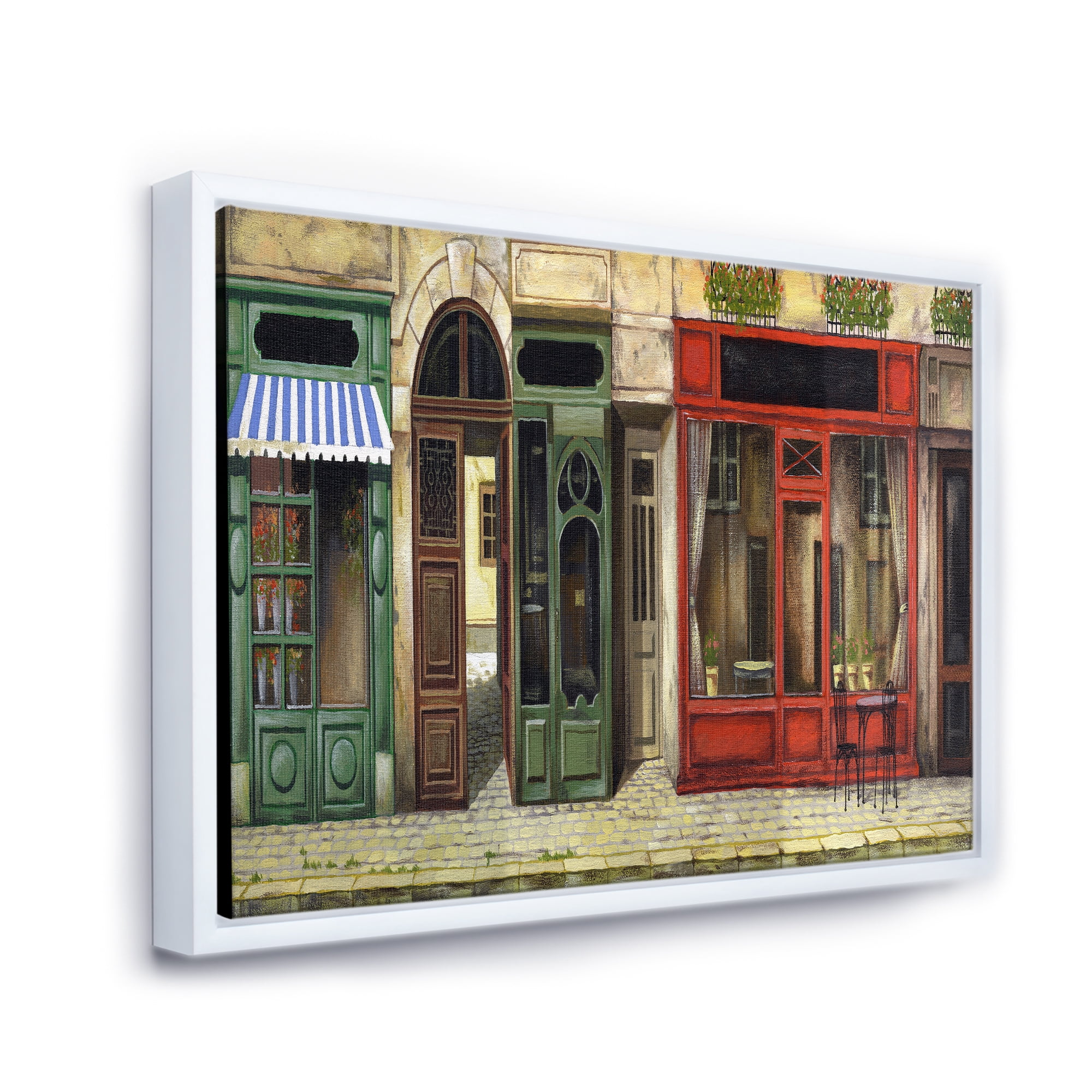 Designart 'Red Facade of Charming Shop In Paris Street II' French Country Framed Canvas Wall Art Print