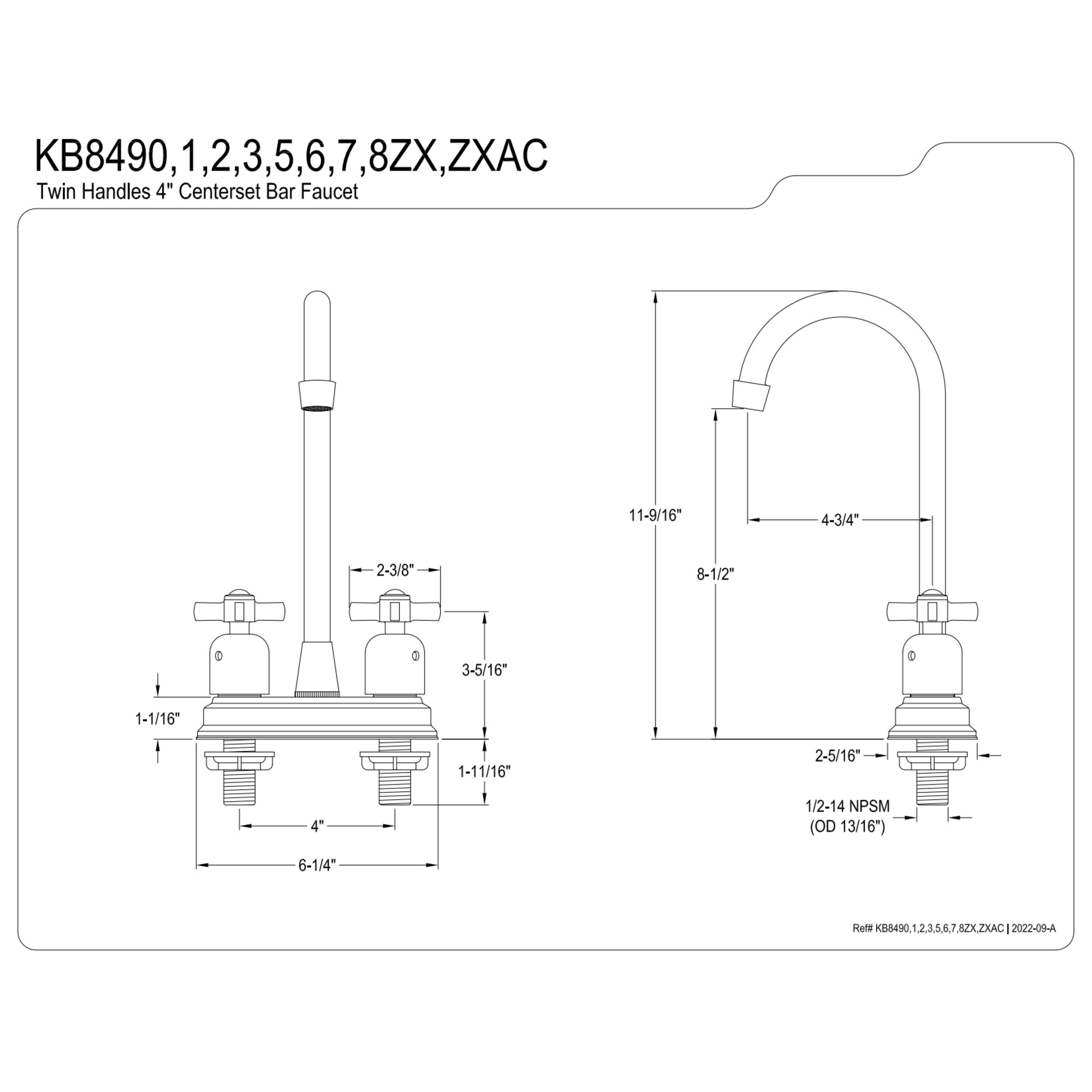 Kingston Brass KB8492ZX Millennium Two-Handle 2-Hole Deck Mount Bar Faucet in Polished Brass