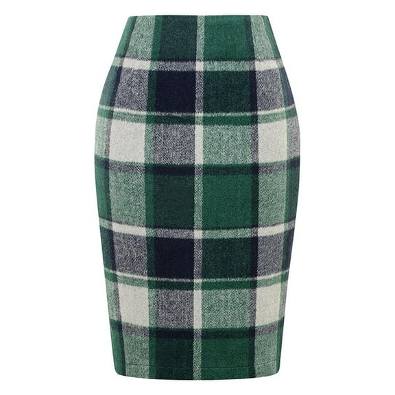 Women's Plaid Pencil Midi Skirt High Waist Bodycon Knee Length Skirt Fall Winter Light Green S