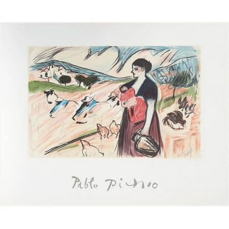 Paysanne et son Enfant- Lithograph on Paper - Blue- Brown- White