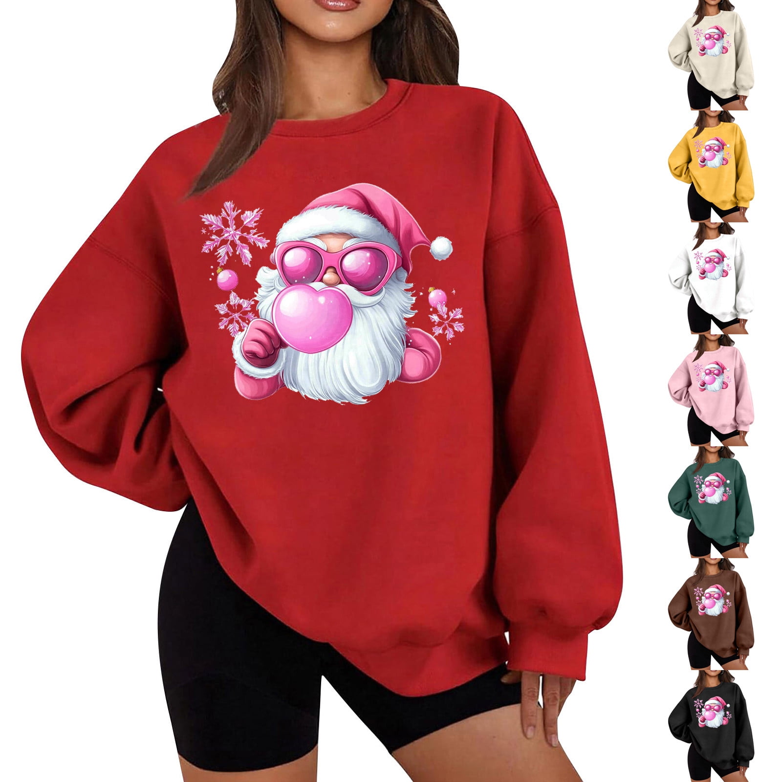 Feancey Womens Crewneck Sweatshirt Oversized Christmas Funny Sweatshirts Novelty Santa Claus Printed Long Sleeve Pullover Tops Xmas Gifts Wine XXL