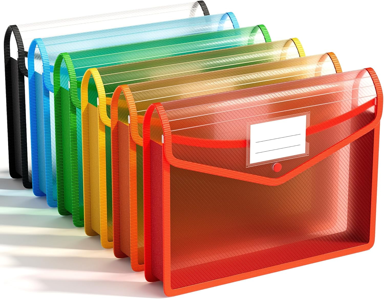6 Pack Plastic Expanding File Folder, Transparent envelopes with Snap Closure, No Dividers, Large Capacity, Assorted Colors, Fit Letter/A4 Size