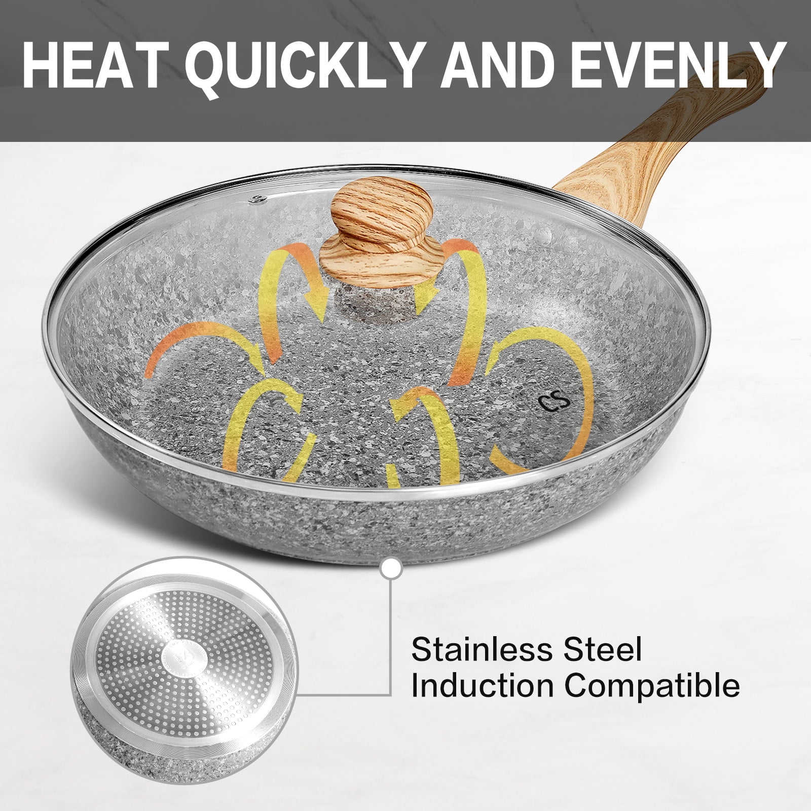 Koch Systeme CS 12" Grey Non-stick Granite Stone Frying Pan with Lid, Oven Safe & All Stovetop Compatible