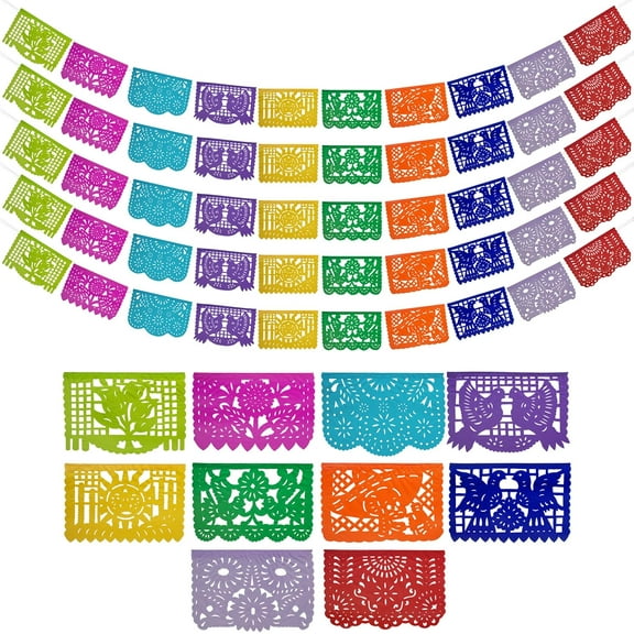Mexican Party Banners (5 Pack - 10 Tissue Paper Flag Designs per Banner/Felt fabric) - Papel Picado Banner - Fiesta Themed Party Decorations - Papel Picado Mexicano para Fiesta - Mexican Decor