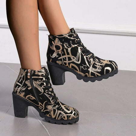 Miluxas 2025 Clearance! Womens Lace Up Ankle Boots Clearance Round Toe Chunky Block High Heels Short Boots Office Winter Shoes