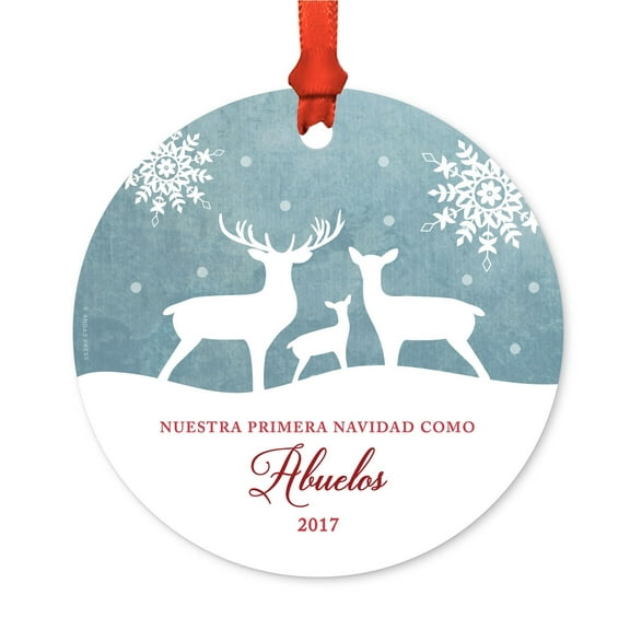 Spanish Family Metal Christmas Ornament, Nuestra Primera Navidad Como Abuelos 2017, Includes Ribbon and Gift Bag