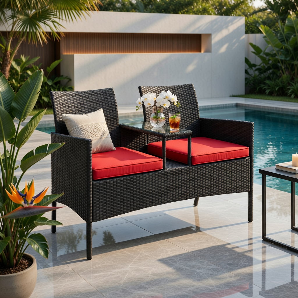 Hommoo Outdoor Wicker Loveseat with Built-in Tempered Glass Tables, Black PE Rattan, Heavy-Duty Metal Frame for Backyard, Porch & Poolside, Red