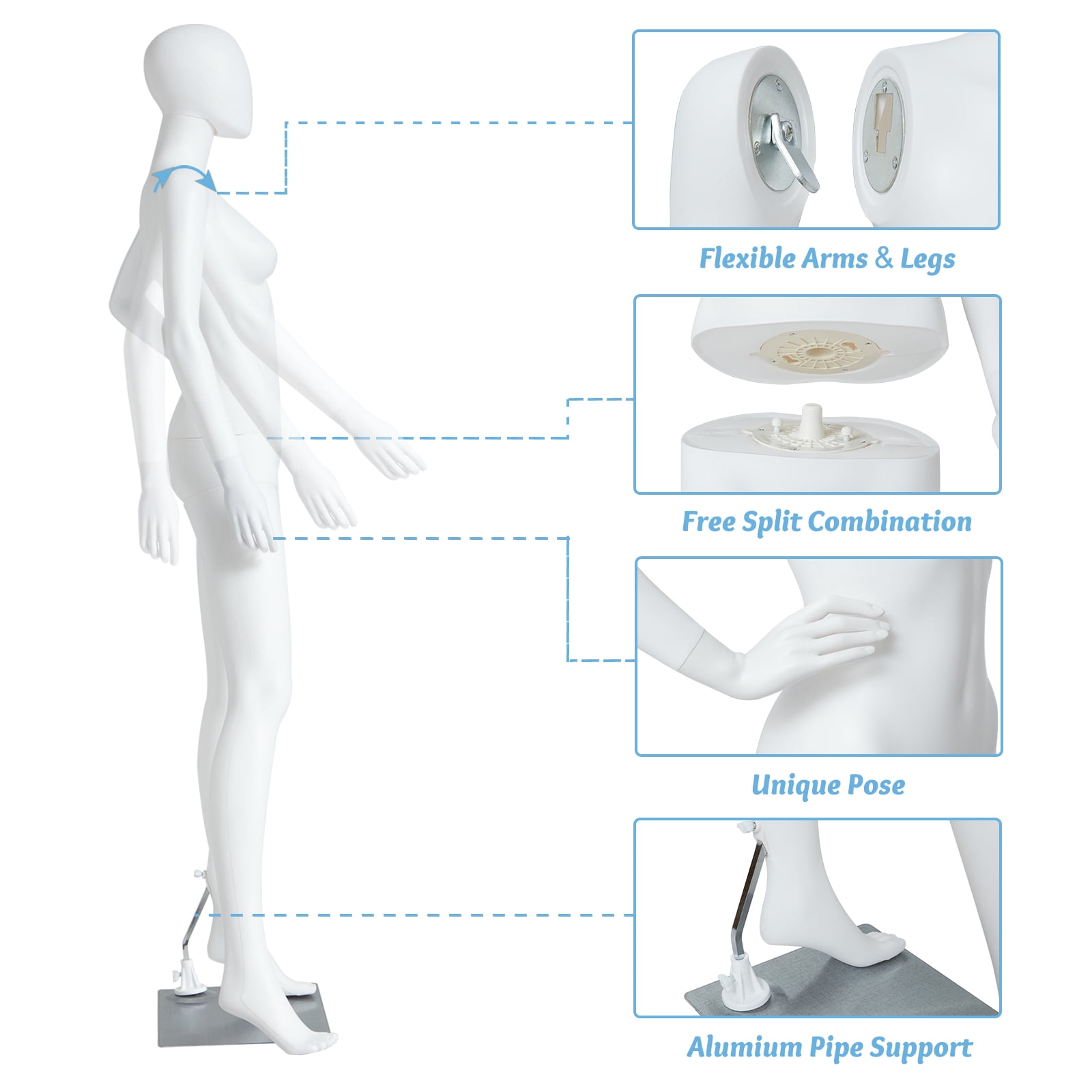 Kinbor 70Inch Full Body Female Mannequin Dress Form Adjustable with Metal Base for Retail Clothing Shops White