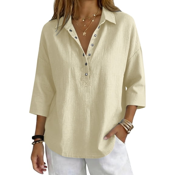 Plus Size Linen Tops, Boxy Crop Top Tunic Length Linen Top Womens 3/4 Sleeve Cotton Linen Top Summer Fashion Clothes Wrinkle Free Linen Shirt Tunic Blouse Blouse Top Tee