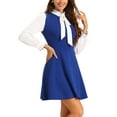 thumbnail image 4 of Vestidos con cuello de lazo para mujeres, vestido vintage de manga larga de los años 60, vestido de color contrastante L azul real, 4 of 6