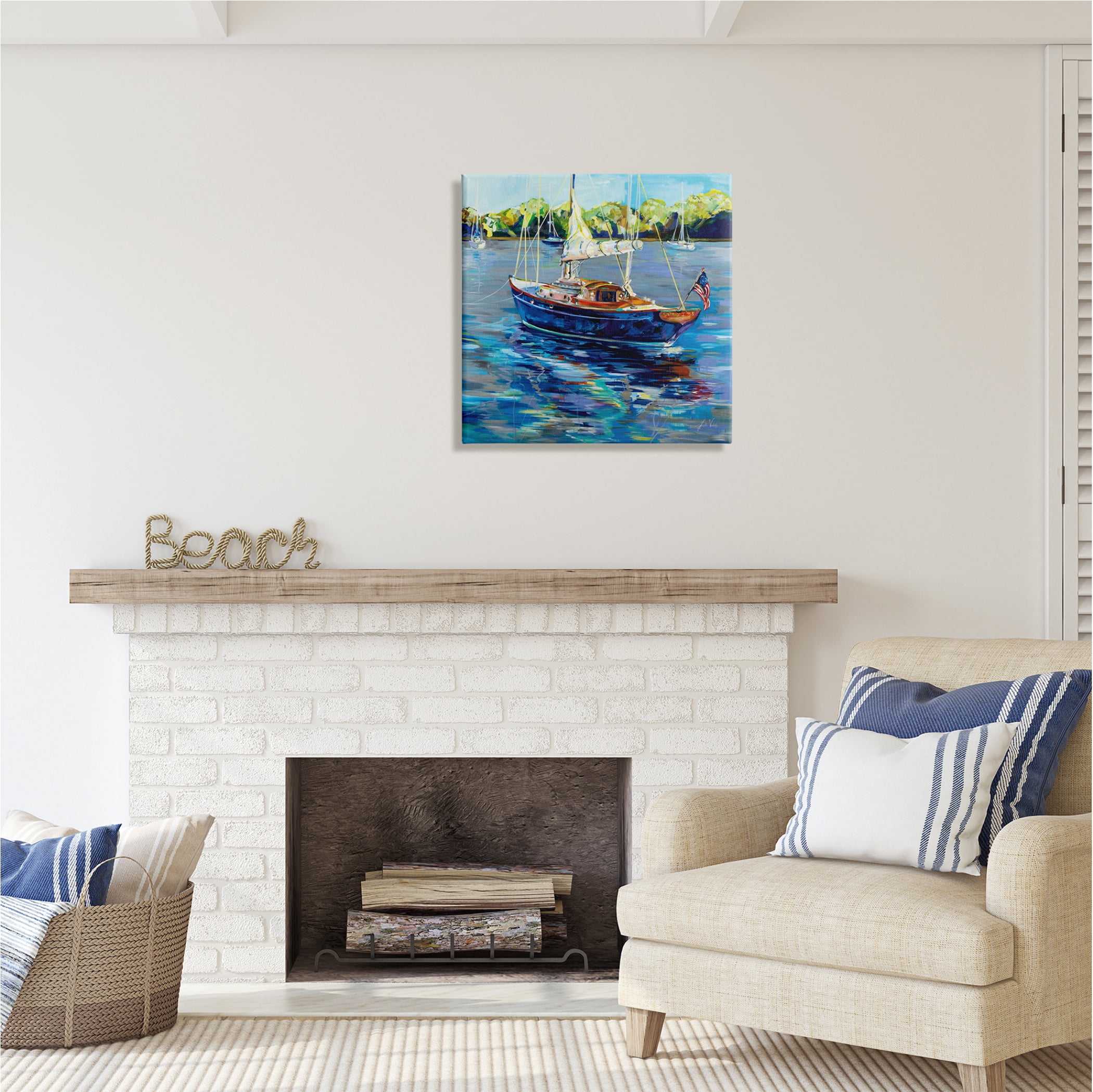 Stupell Industries Boat with American Flag Transportation Painting Gallery Wrapped Canvas Print Wall Art, 24 x 24