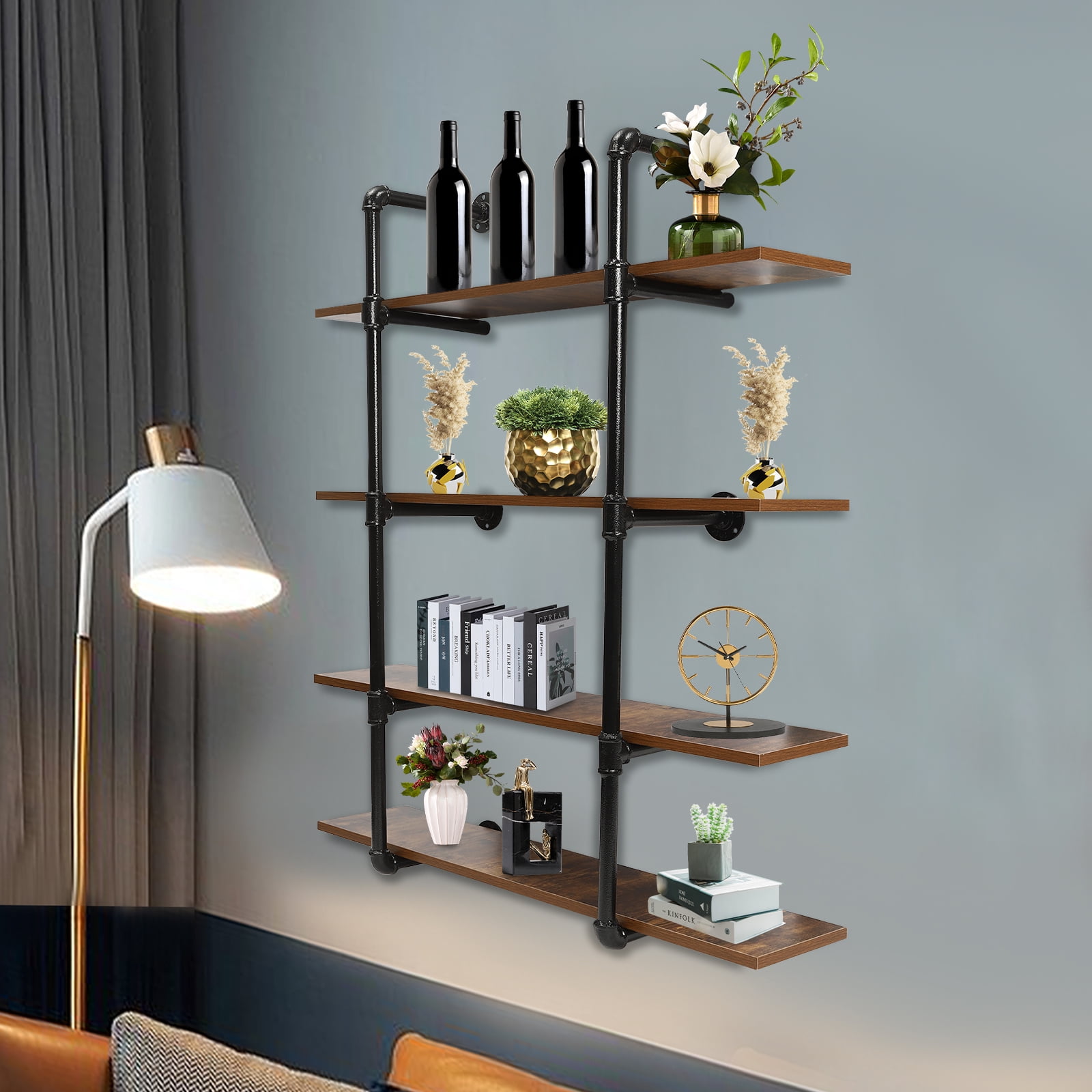 Industrial Pipe Shelving Wall Mounted  Rustic Metal Floating Shelves,Steampunk Real Wood Book Shelves,Wall Shelf Unit Bookshelf Hanging Wall Shelves,Farmhouse Kitchen Bar Shelving(4 Tier)