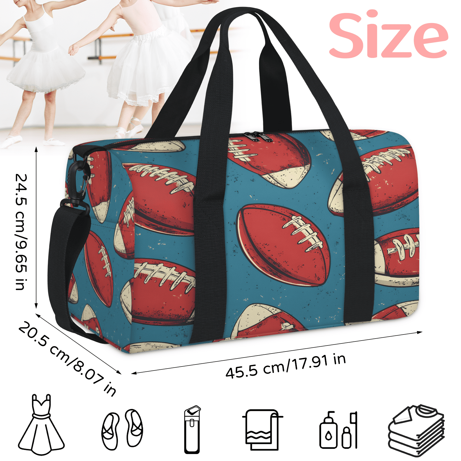 Herdesigns Rugby Sports Gym Bag for Women, Duffle Bag for Travel Sport, Football Lightweight Waterproof Carry on Weekender Dance Yoga Workout Bags