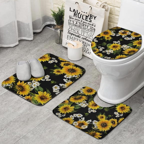 Black Sunflower White Daisy Pattern Bathroom Rugs Sets 3 Piece,Toilet Cover Set,Absorbent Non Slip Bathroom Mats Sets with U-Shaped Contour Rug Toilet Rug Set