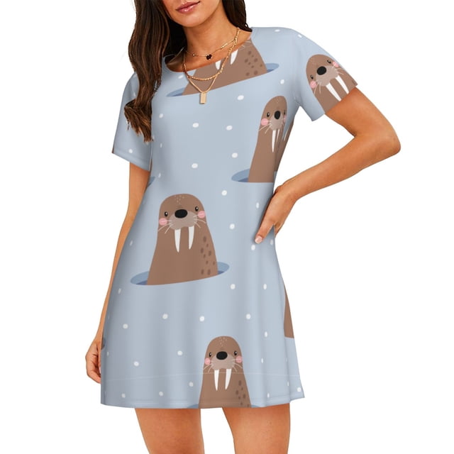 Vsdgher Motif Morse Espiègle Chemise de Nuit à Manches Courtes Col Rond Mignonne Robe de Nuit Confortable