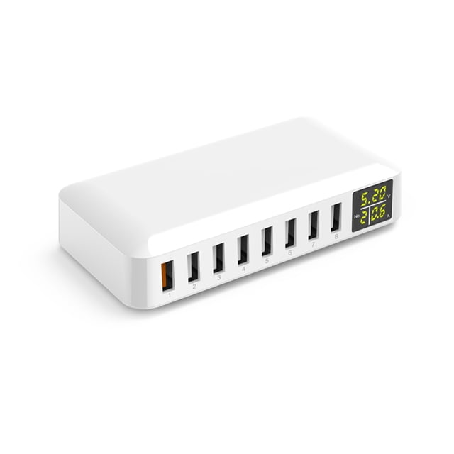 60W Multi USB Charger Station QC3.0 Fast Charger Charging With LED Display 8 Ports Multiple Port Charger For Cellphone,Tablet,and More ,Multi-Device Charger
