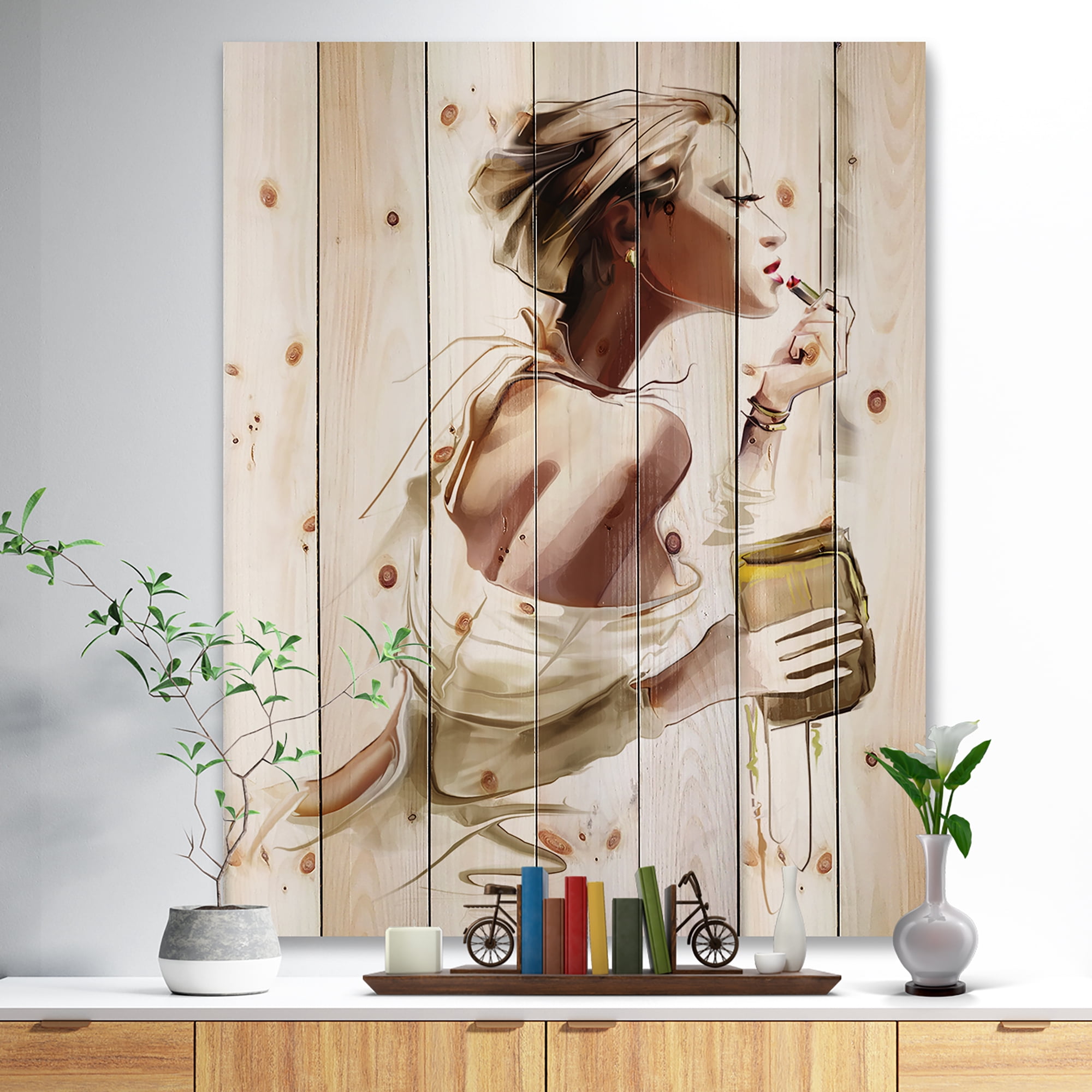 Designart Fashion Woman Street Art Print on Natural Pine Wood Art Print, 36" x 46"