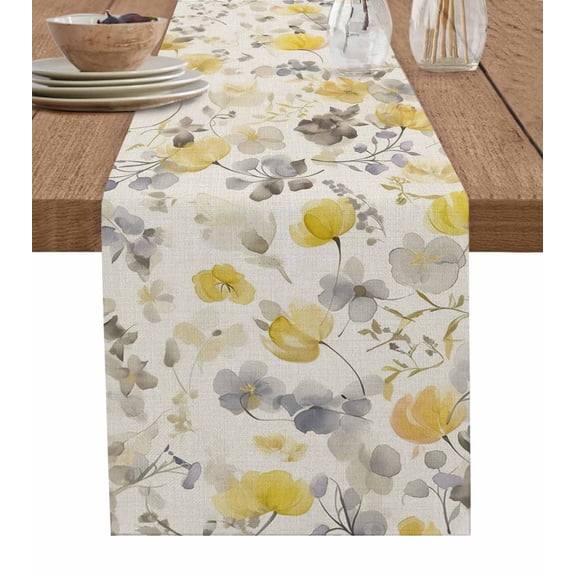 Hokiten Table Runners 72 Inches Long Dress Scarves, Yellow Grey Botanical Farmhouse Kitchen/Dining Table Runner, Coffee Tablerunners, Spring Floral Watercolor Rustic 14x72 Inch