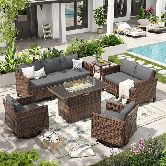 ELPOSUN Patio Furniture 9 Pieces Wicker Outdoor Sectional Sofa Sets, Rattan Conversation Set with Fire Pit Table, Swivel Chairs for Backyard, Pool, Beige/Navy Blue/Grey（Include Waterproof Covers ）