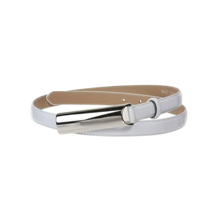- 3/4 Inch (19mm) Rectangular Stitching Feather Edged Skinny Faux Patent Leather Dress Belt