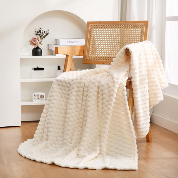 AUQ Cream White Throw Blanket 50"×60" "Es Fuzzy 3D Jacquard Decorative | Flannel Fleece Super Soft Plush Cozy Blanket for Couch Sofa Chair Lightweight
