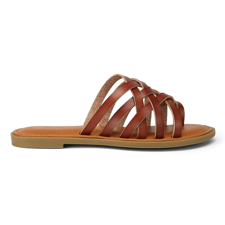 Pennysue Women Strappy Slippers Summer Brown Flat Sandals Size 11