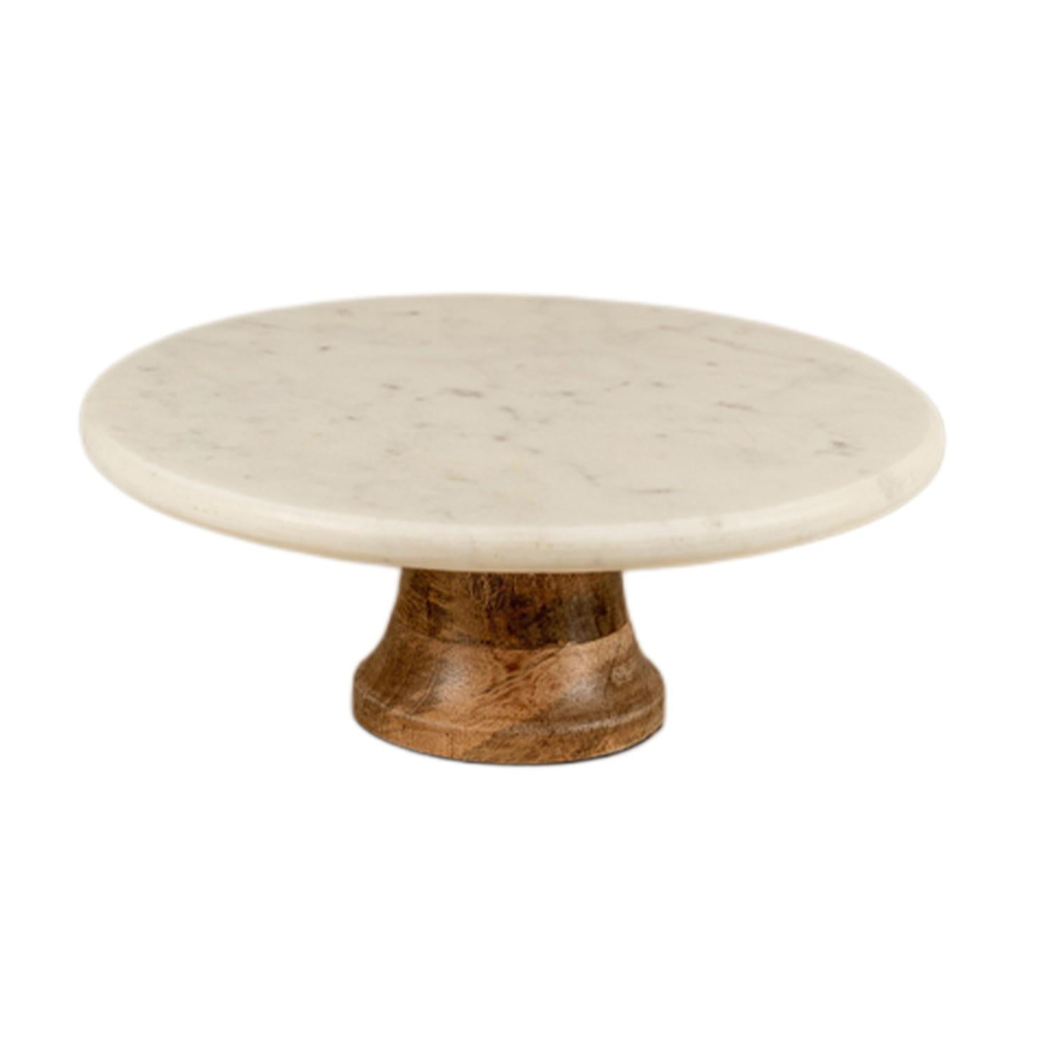 India Handicrafts White Marble Cake Stand On Wooden Pedestal 50001