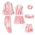thumbnail image 2 of Wyongtao Women's 7 Pcs Silk Satin Pajamas Set Long Sleeve Button Down Sleepwear Cami Shorts Pjs Set with Eye Mask,Pink XL, 2 of 4