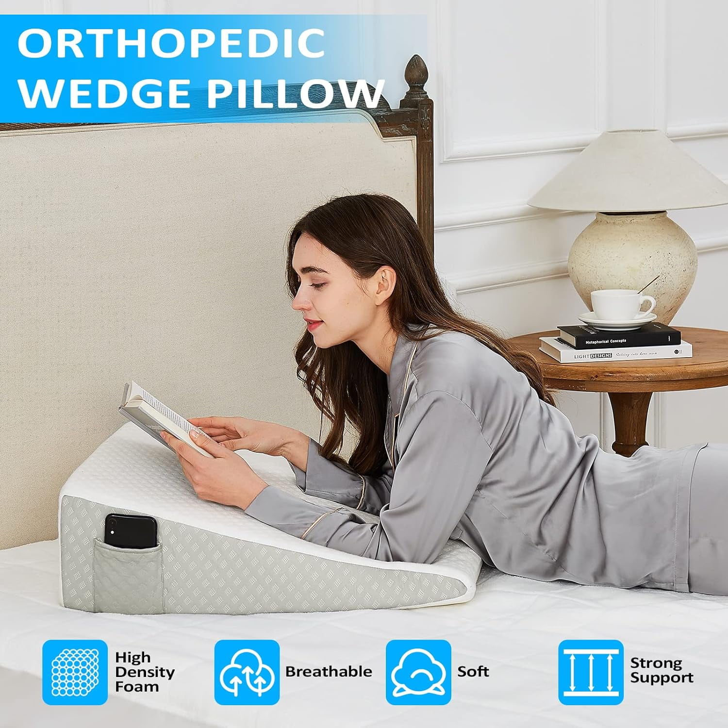 L'AGRATY Bed Wedge Pillow with Memory Foam,7.5" Support Wedge Pillow for Sleeping After Surgery,Great pillow for reducing snoring,Wedge Pillow for Sleeping and Acid Reflux.