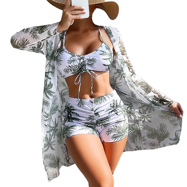 Traje de baño femenino dividido conjunto de tres piezas cintura alta manga larga Ins Smock Net rojo cruzado traje con cordón